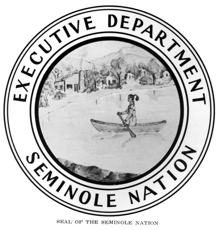 Seminole Nation of Oklahoma Logo of a man in a canoe on water. It says:
EXECUTIVE DEPARTMENT 
SEMINOLE NATION